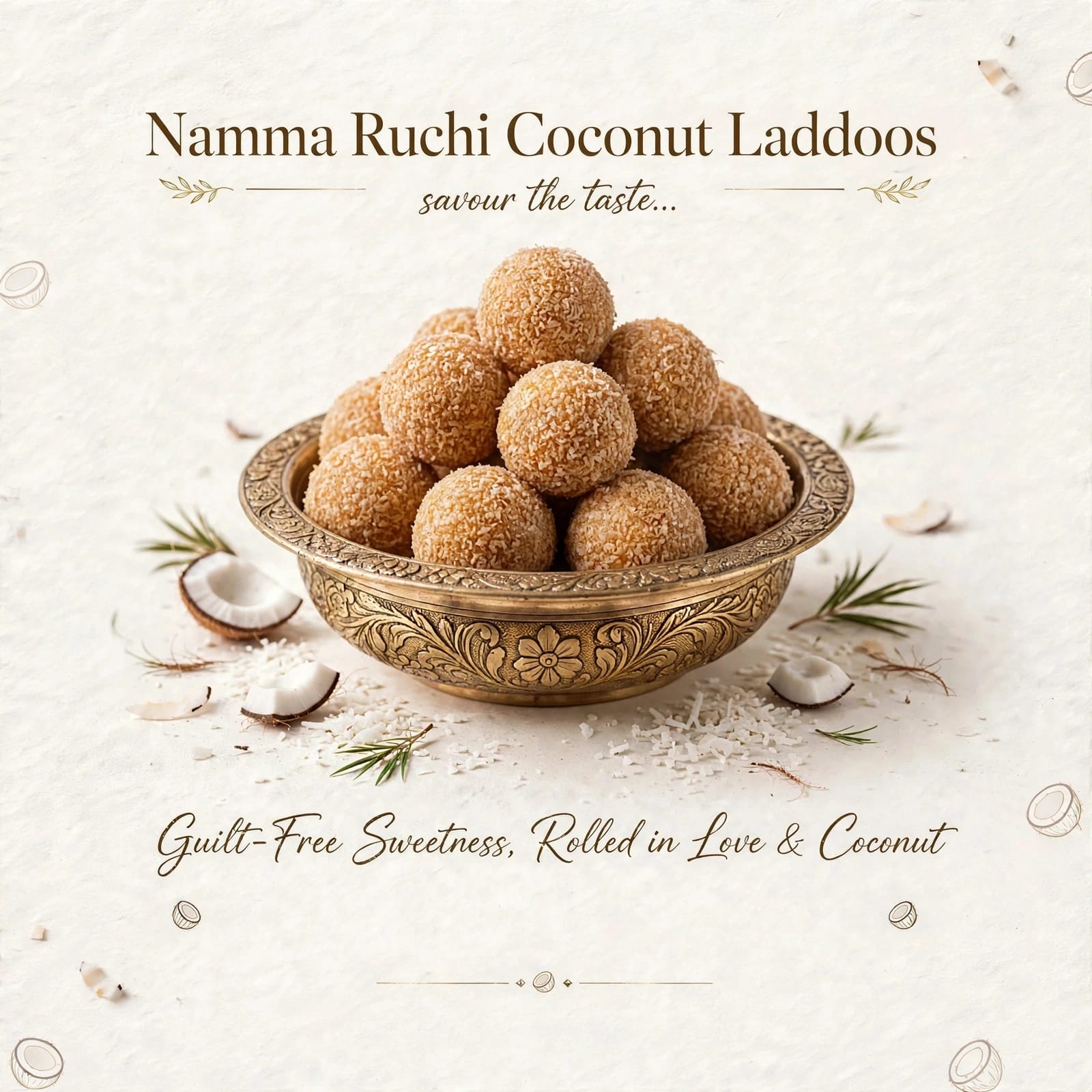 Coconut jaggery laddus in a brass bowl